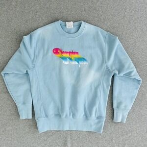 Champion Sweatshirt Mens Medium Blue‎ Reverse Weave Rainbow Pullover Crewneck